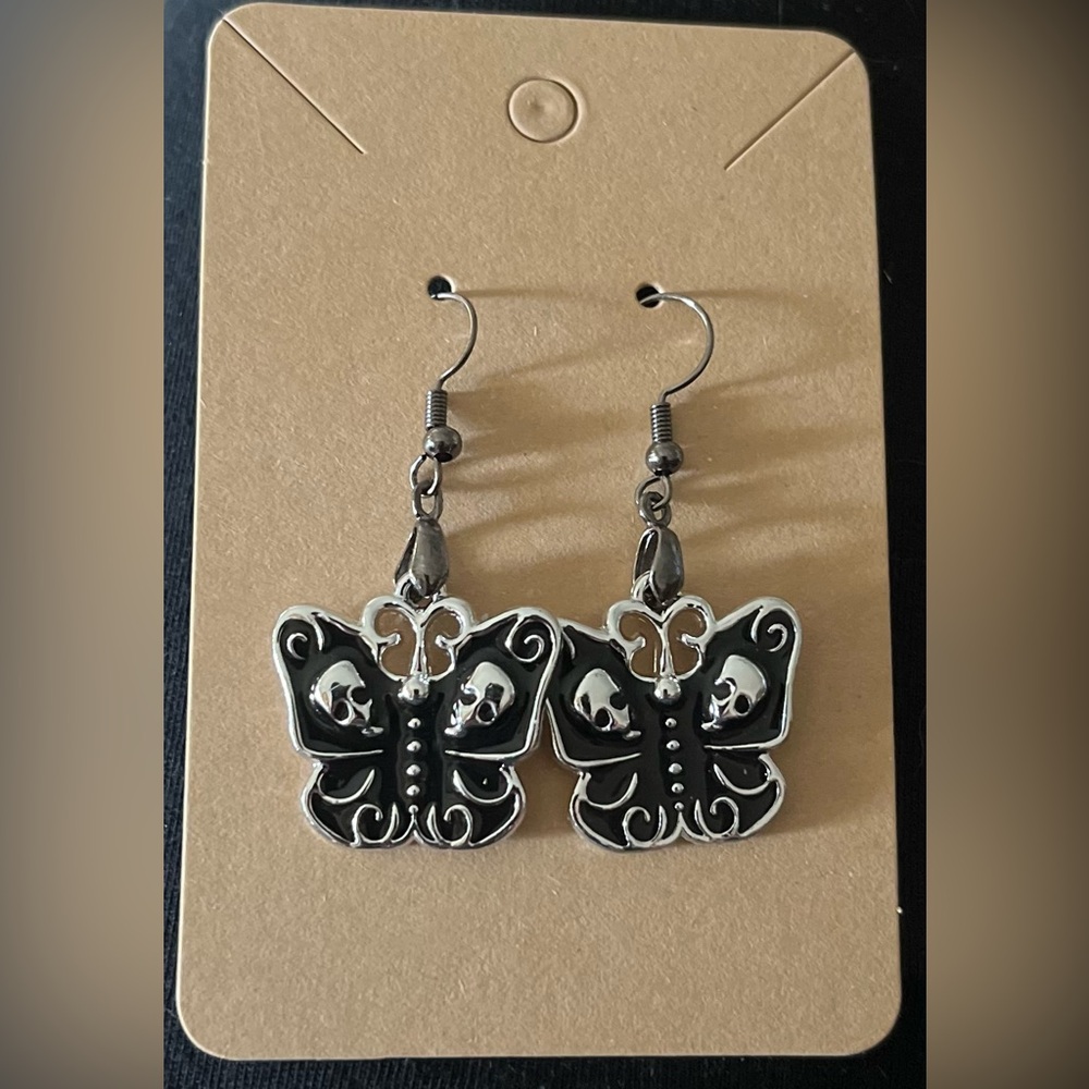 Death Head Silver and Black Goth Butterfly Skull Enamel Earrings NIP